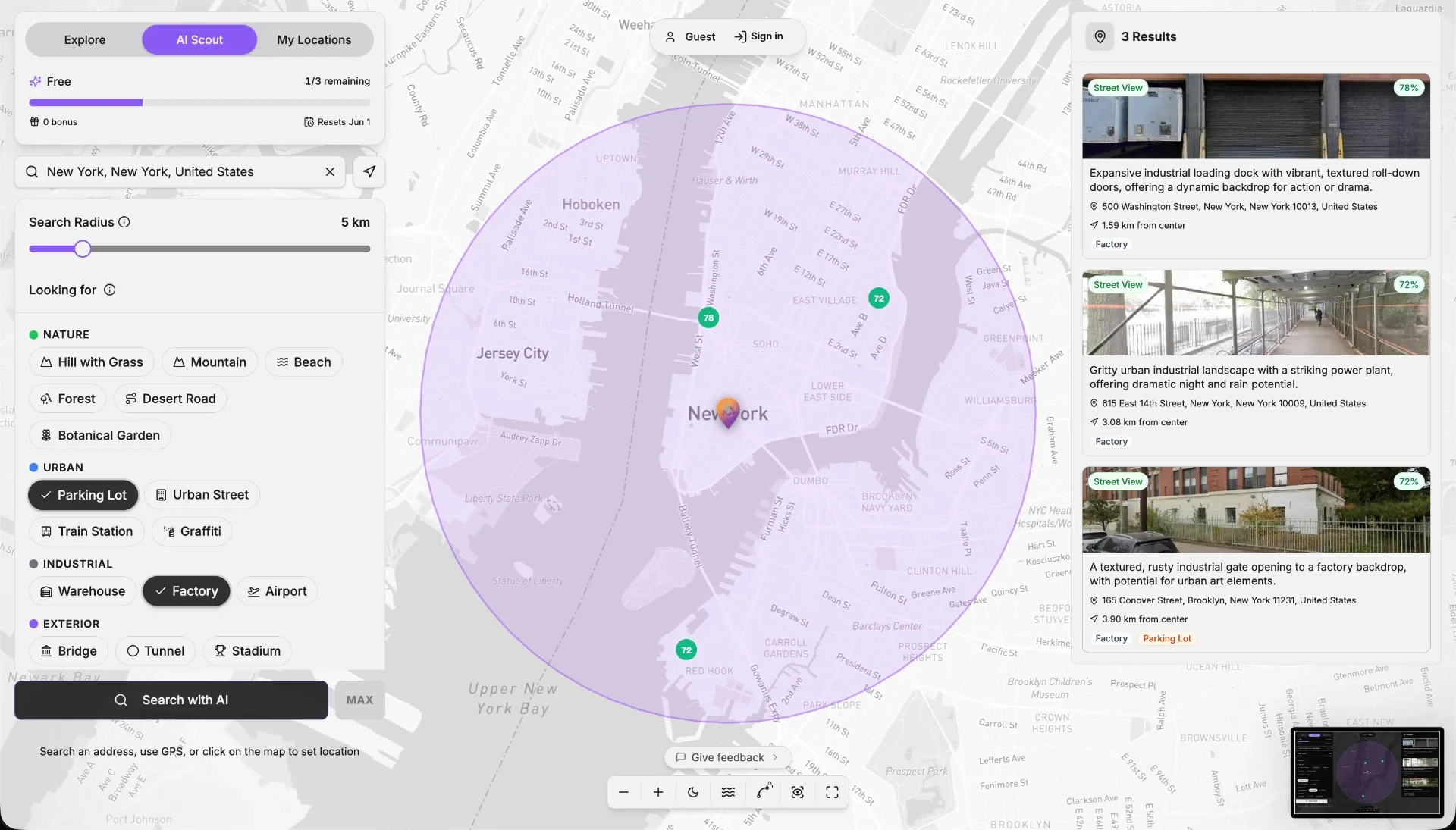 CineScout AI Scout map view on desktop